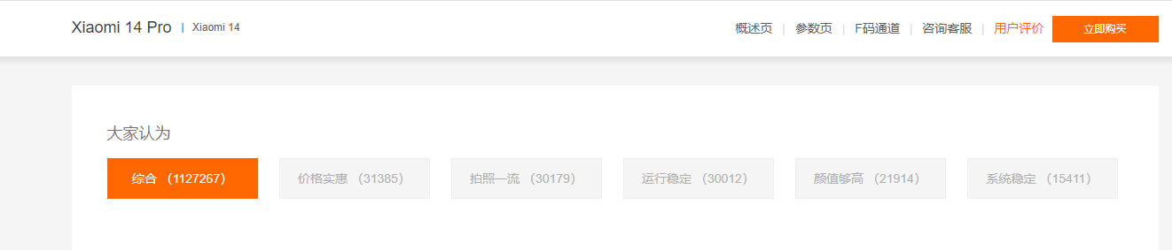 小米14系列官方商城评价超112万：99%好评