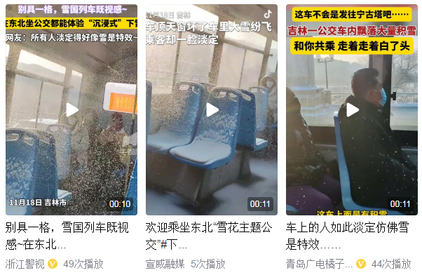 东北公交车内下雪乘客淡定乘坐,享受着寒冷中的温暖