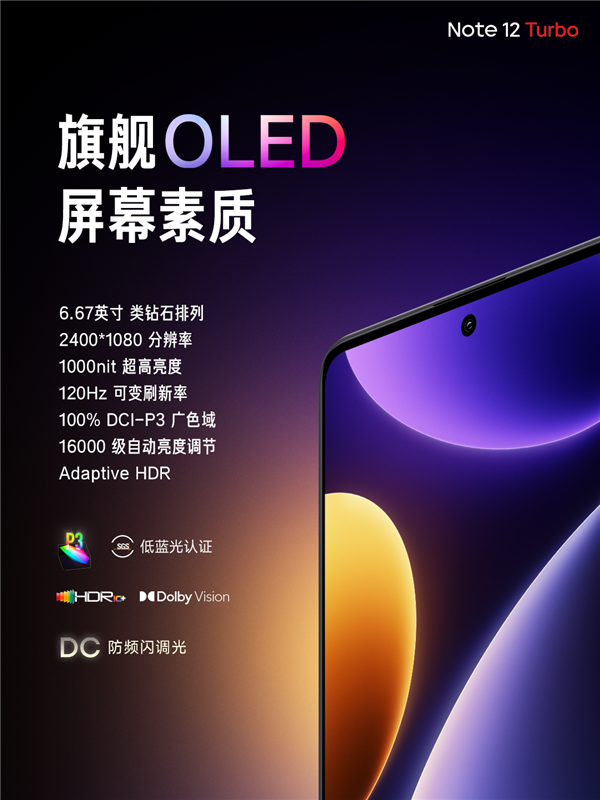Redmi Note 12 Turbo搭载超细四窄边直屏：边框窄至1.42mm！