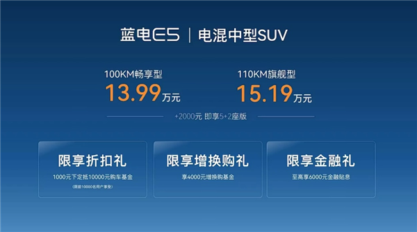 13.99万起 赛力斯蓝电E5上市：集成比亚迪DM-i、华为HiCar3.0