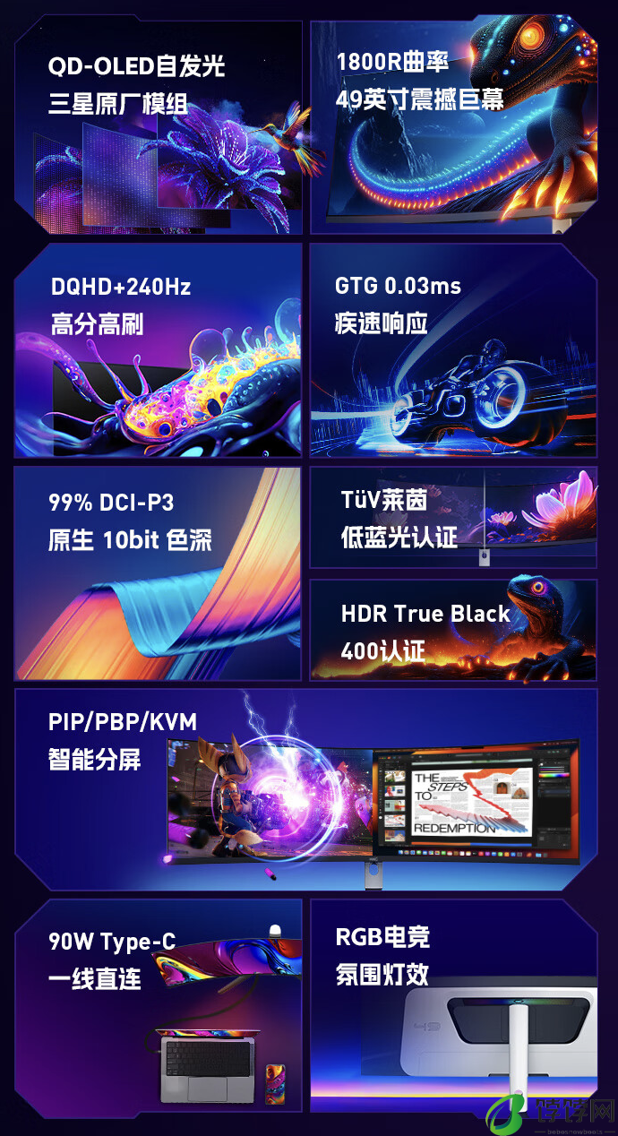 HKC“GS49UK”49 英寸带鱼屏显示器开售：双 2K 240Hz QD-OLED，6499 元