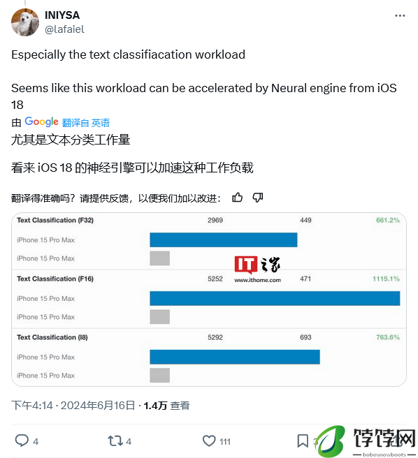 提高 25%!苹果 iOS 18 助力 iPhone 15 Pro Max 迈上 AI 新台阶,神经引擎推理得分暴涨至 7816