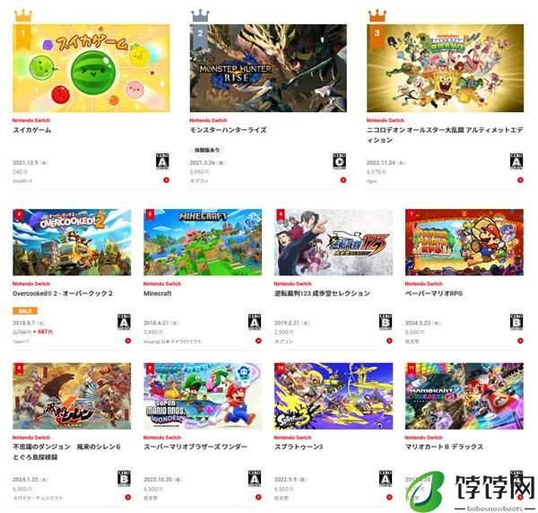 任天堂公布 2024 年上半年日服 Switch 游戏下载榜