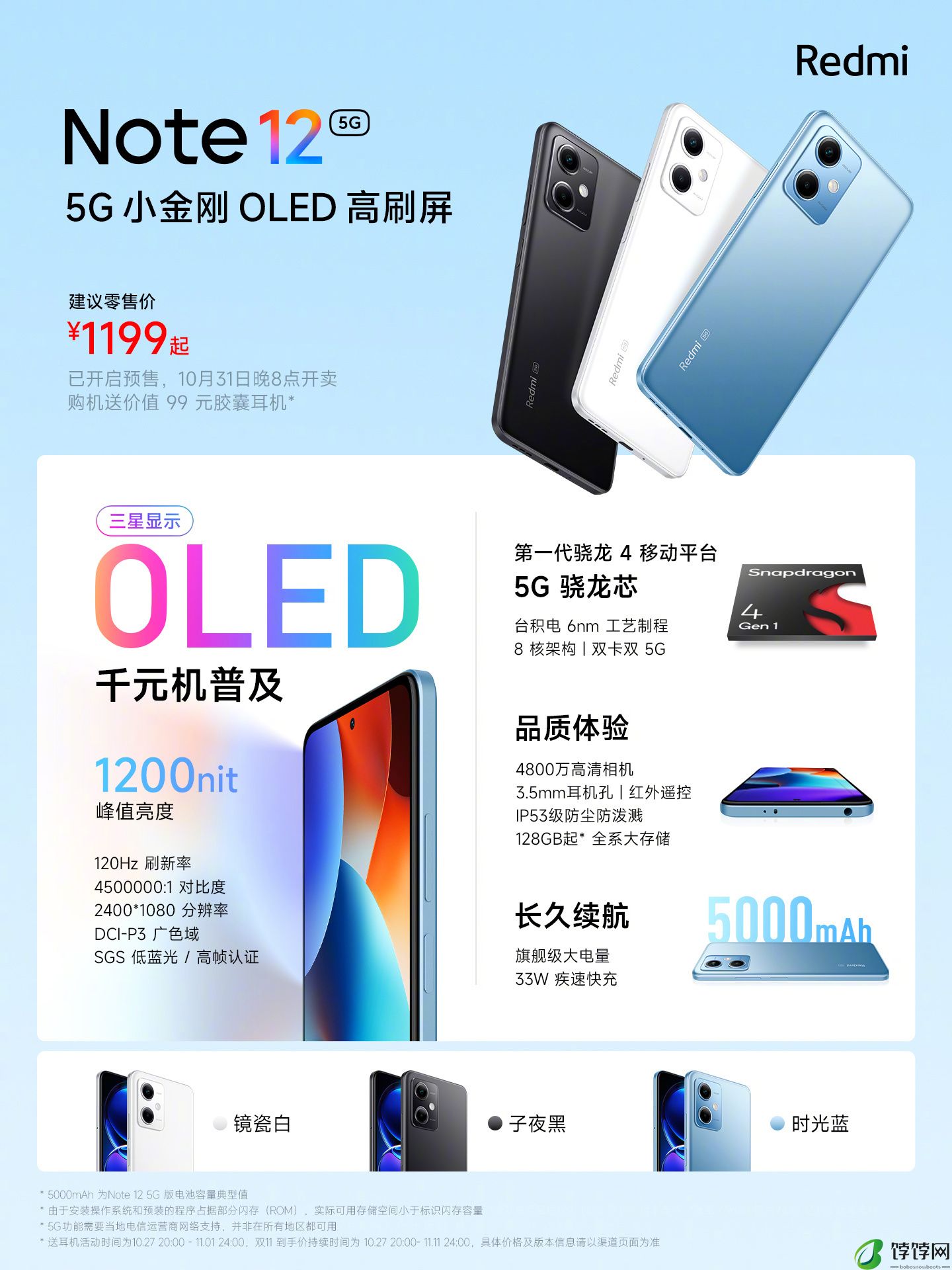 256G 款五折清仓:小米 Redmi Note 12 标准版 5G 手机 799 元新低