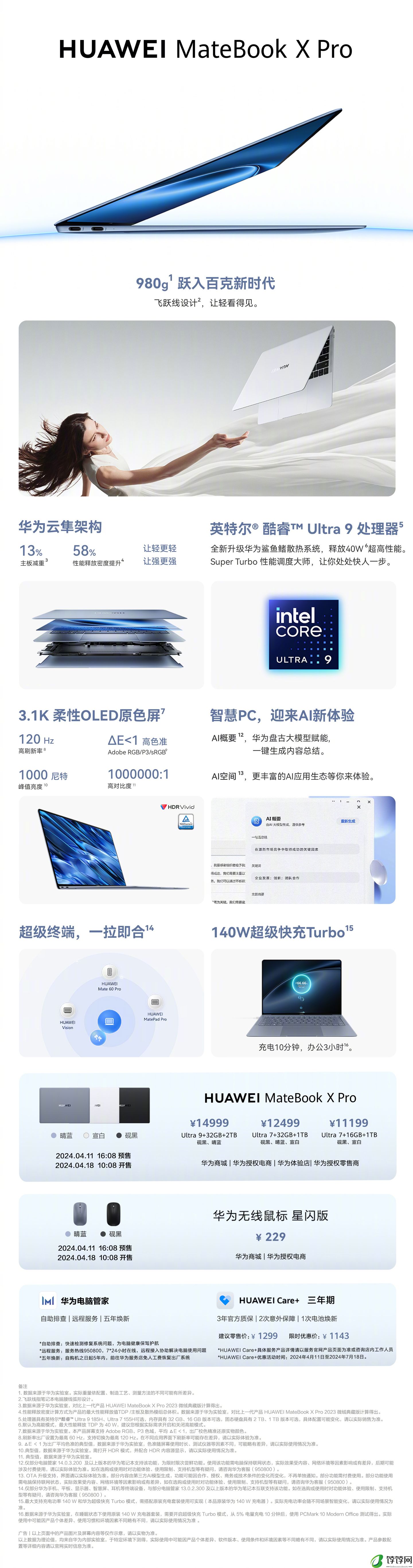 1kg 以内唯一 Ultra 9 笔记本：华为全新 MateBook X Pro 发布，11199 元起