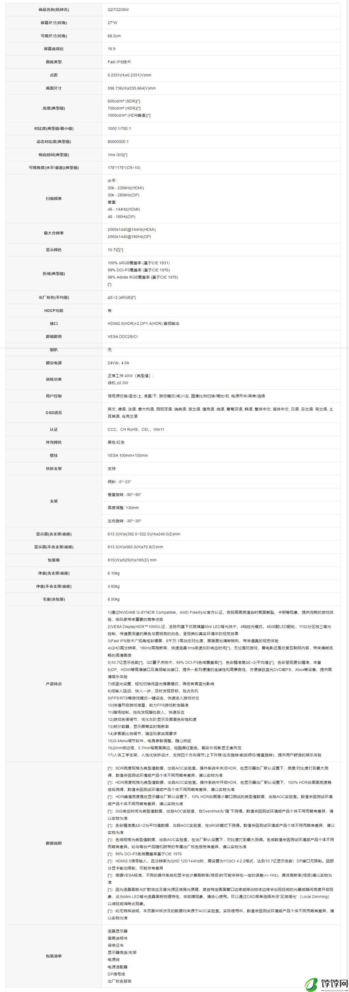 AOC 推出 27 英寸 2K mini LED 游戏显示器 Q27G20XM：180Hz 刷新率，99% DCI-P3 色域
