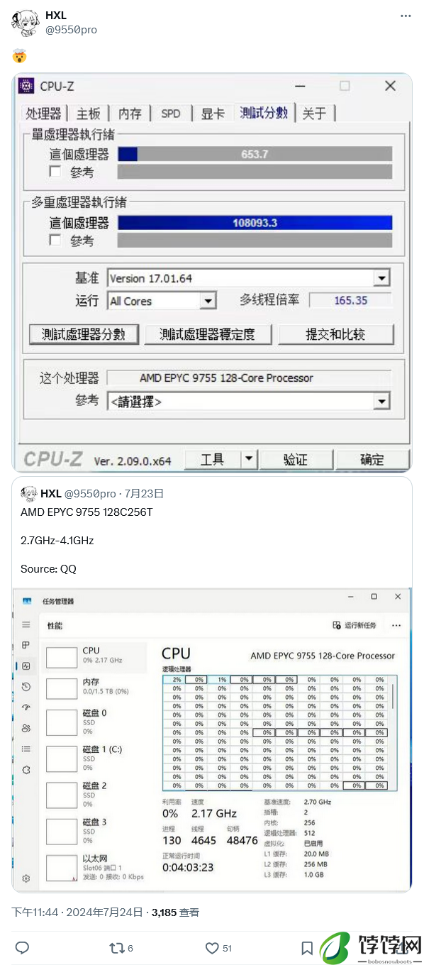 多核破 10 万，AMD EPYC 9755 处理器 CPU-Z 跑分曝光：比 EPYC 9654 快 14%
