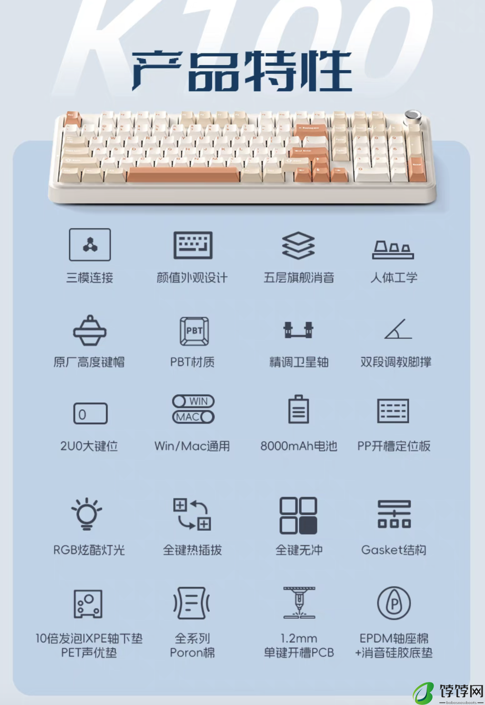 Gasket 结构 + 98% 配列：魔咖 K100 三模机械键盘 259 元首销