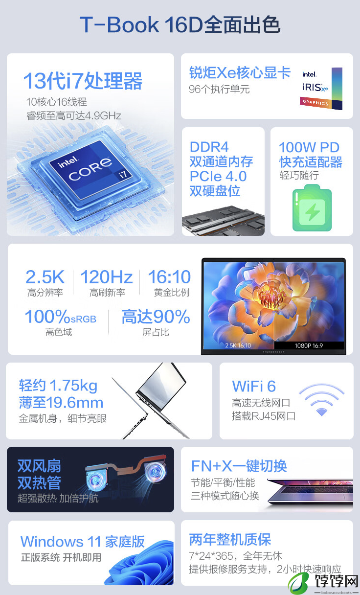 雷神 T-BOOK 16D 16 英寸笔记本上市：i7-13620H + 16GB + 1TB，3999 元