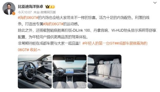 比亚迪首款钢炮车来袭！海豹 06GT 内饰图揭晓，搭载丹拿音响